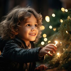 A cute child is smiling near a Christmas tree with Christmas lights. New Year and Christmas.