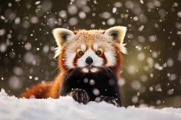 red panda in snow, winter, snowing
