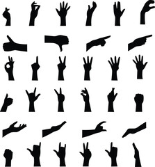 Hand gesture icon set. All type of hand emojis, gestures, stickers, emoticons flat vector illustration symbols. Hands, handshakes, muscle, finger, fist, direction, like, unlike, fingers collection