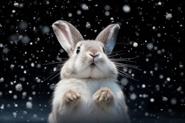 rabbit in snow, snowing, winter
