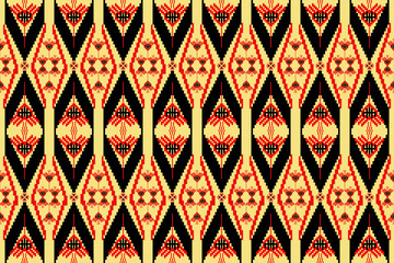 Fabric pattern, abstract pixels, geometric shapes, flowers, orange, black, yellow background, design for textiles, prints, carpets, curtains, pillows.