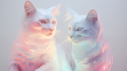 two white cats, bloom and glare, pink, pastel portrait