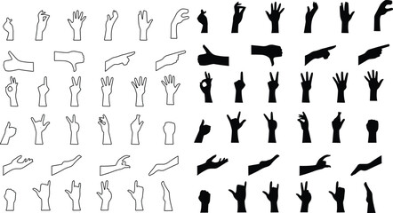 Hand gesture icon set. All type of hand emojis, gestures, stickers, emoticons vector illustration symbols. Hands, handshakes, muscle, finger, fist, direction, like, unlike, fingers collection