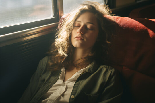 A girl sleeping on the bus, traveling concept