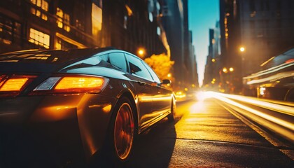 A car driving through the city at night