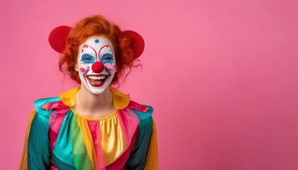 A cheerful clown poses on a pink background