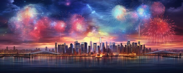 Fototapeta premium Night view on celebration of new year with colorful fireworks, panorama banner. Generative Ai.