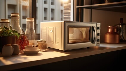 Modern microwave oven in kitchen room of house or apartment