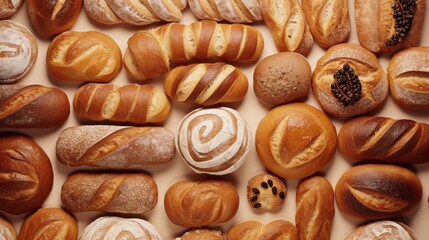 Various bakery products handmade on beige background. Creative layout with bread, buns, croissant, bread loaves and pretzels. Flat Modern minimal food photography.