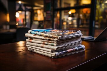 Newspapers. Pile of daily papers with news on the computer. Pages with headlines, articles folded and stacked on keypad of electronic device. Modern gadget and old journals, focus on paper  - obrazy, fototapety, plakaty