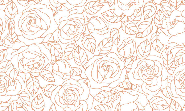 Rose outline seamless pattern. Spring floral vector illustration for fashion, textile, fabric, decoration.