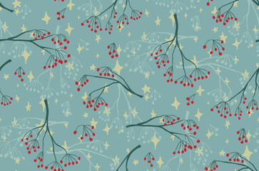 Rustic Christmas botanical pattern with berries, branches and stars