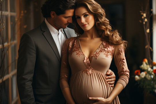 Pregnancy photo man and woman holding pregnant bump expecting baby. Happy family hands on stomach closeup. Couple in love. 