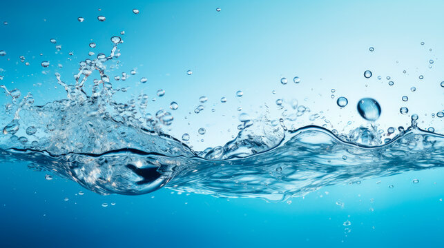 Water splashing with bubbles and spatter on a blue background.