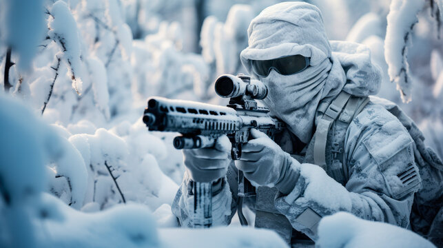 Masked soldier with weapon in the snow.