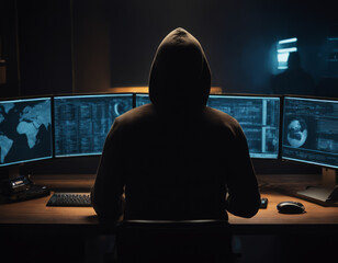 Rear view of hacker in brown hoodie in darkened room. Cyber security, cyber crime. - obrazy, fototapety, plakaty