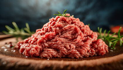 Fresh minced meat on a wooden board