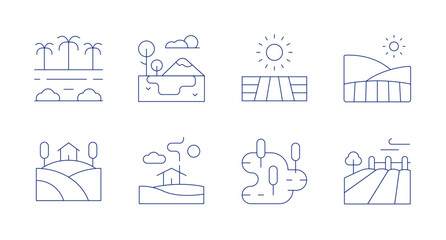 Rural icons. Editable stroke. Containing field, swamp, rainforest, lake, house.