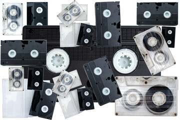 Audio and video tapes isolated on white, 90s tapes background