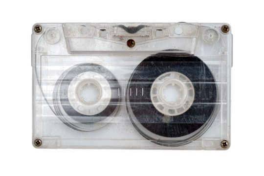 Dirty 90s plastic retro audio cassette isolated on white background