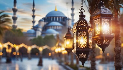 Lanterns in City with Mosque in the background during Ramadan.