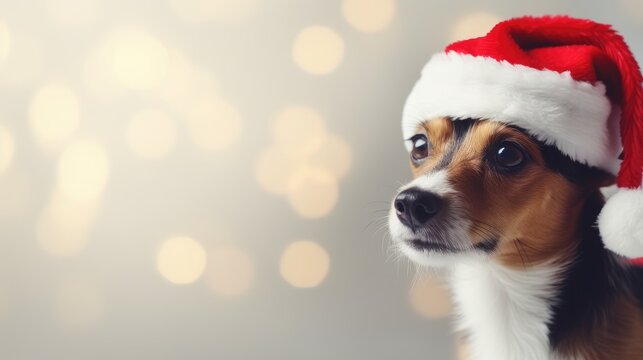 Adorable Dog Wearing a Santa Hat and Scarf , Christmas, bokeh, AI Generative