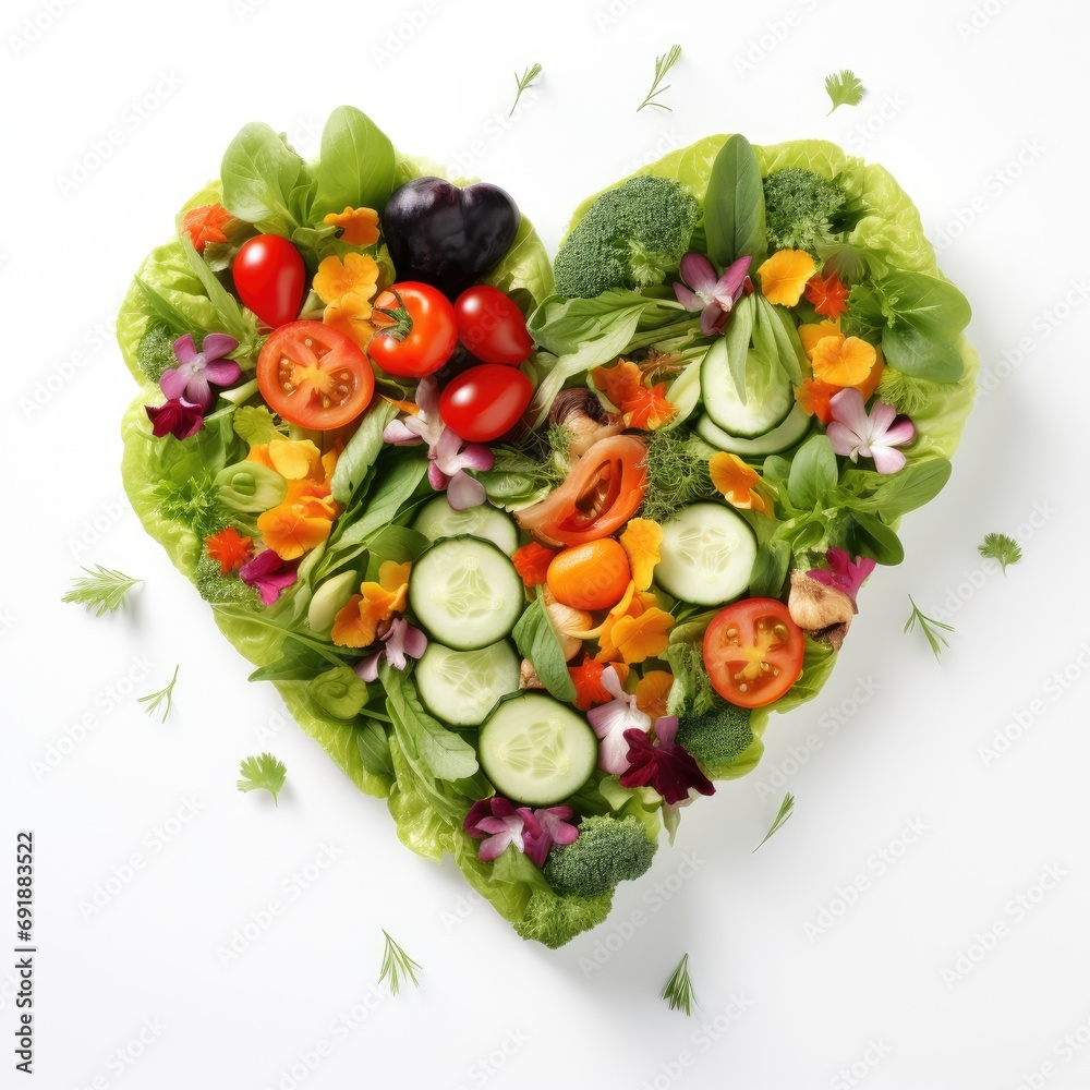 Sticker a heart shaped healthy salad on a white background