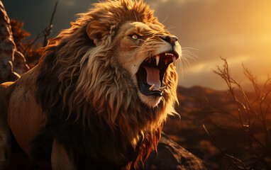 Lion standing roaring in sunrise