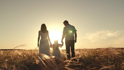 Silhouette of mother with father holding hands of funny daughter jumping over grass. Wife and...