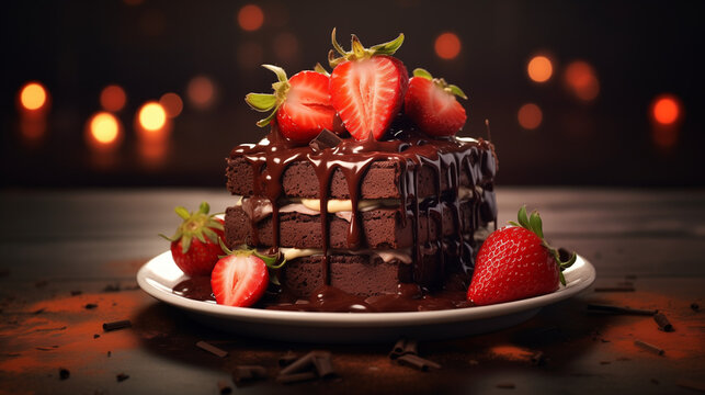 Brownies cake with strawberries, berries, chocholate sauce, 