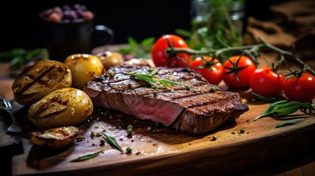 Thick, juicy grilled steak served with tomatoes and grilled vegetables on an old wooden board.