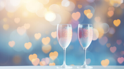 A two glass of sparkling wine on a soft pastel colorful bokeh background - obrazy, fototapety, plakaty