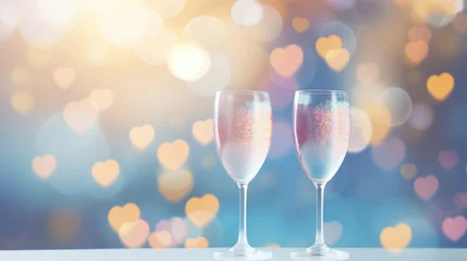 Fotobehang A two glass of sparkling wine on a soft pastel colorful bokeh background © tashechka