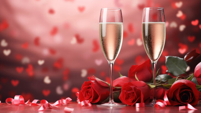 Two champagne glasses and red roses on red hearts background, valentine's day - Powered by Adobe