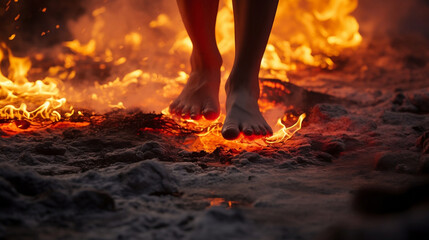 bare feet walking on burning hot coals - obrazy, fototapety, plakaty