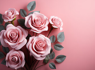 
Pink roses with leaves isolated on a pink background