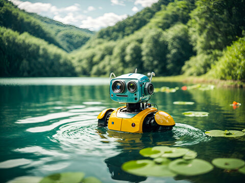 a charming robot swimming leisurely in a serene lake