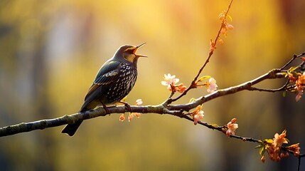 Obraz premium In early spring, a starling sings on a tree branch.
