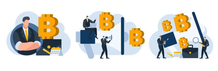 businessman with bitcoin digital money coin currency flat illustration