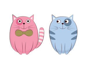 Cats. Cute cartoon cats in blue and pink. A children s illustration with a picture of funny cats. Vector illustration