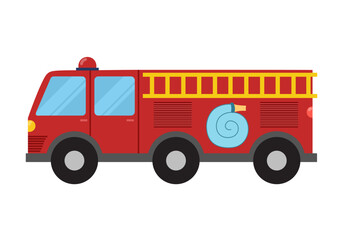 Fire engine in cartoon style for kids. Red rescue truck isolated on white background. Doodle emergency car. Vector illustration