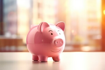 Kids pink piggy bank moneybox with nice sunlight, savings for future. Generative Ai.