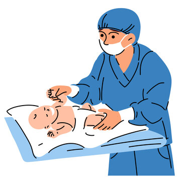 Midwife, Doctor With A Newborn. Female Nurse, Doctor Or Midwife In A Blue Uniform Wearing A Medical Mask Examines A Baby. Newborn Baby On A Changing Table In A Maternity Hospital Vector Illustration