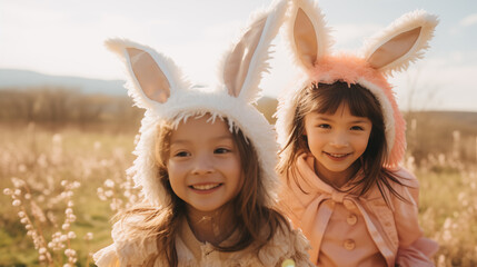 
candid little asian girls in bunny suits portrait. isolated on pink background