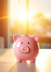 Kids pink piggy bank moneybox with nice sunlight, savings for future. Generative Ai.