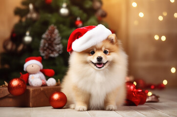 Fototapeta na wymiar Brown Spitz with Santa's hat sits near the Christmas tree and gifts