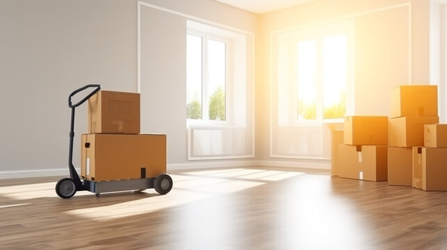 Light Room With Big Windows Full Of Cardboard Boxes For Moving To A New Apartment.