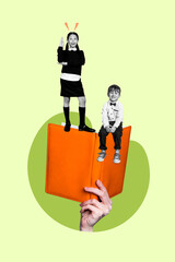 Photo collage vertical poster picture two junior pupils boy girl small standing copybook hand rise answer classroom study school