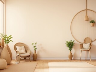 Empty beige wall mockup room interior with wicker armchair and vase. Natural daylight from a window. Promotion background design.