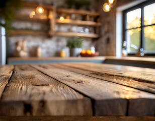 Empty wood table with bokeh background